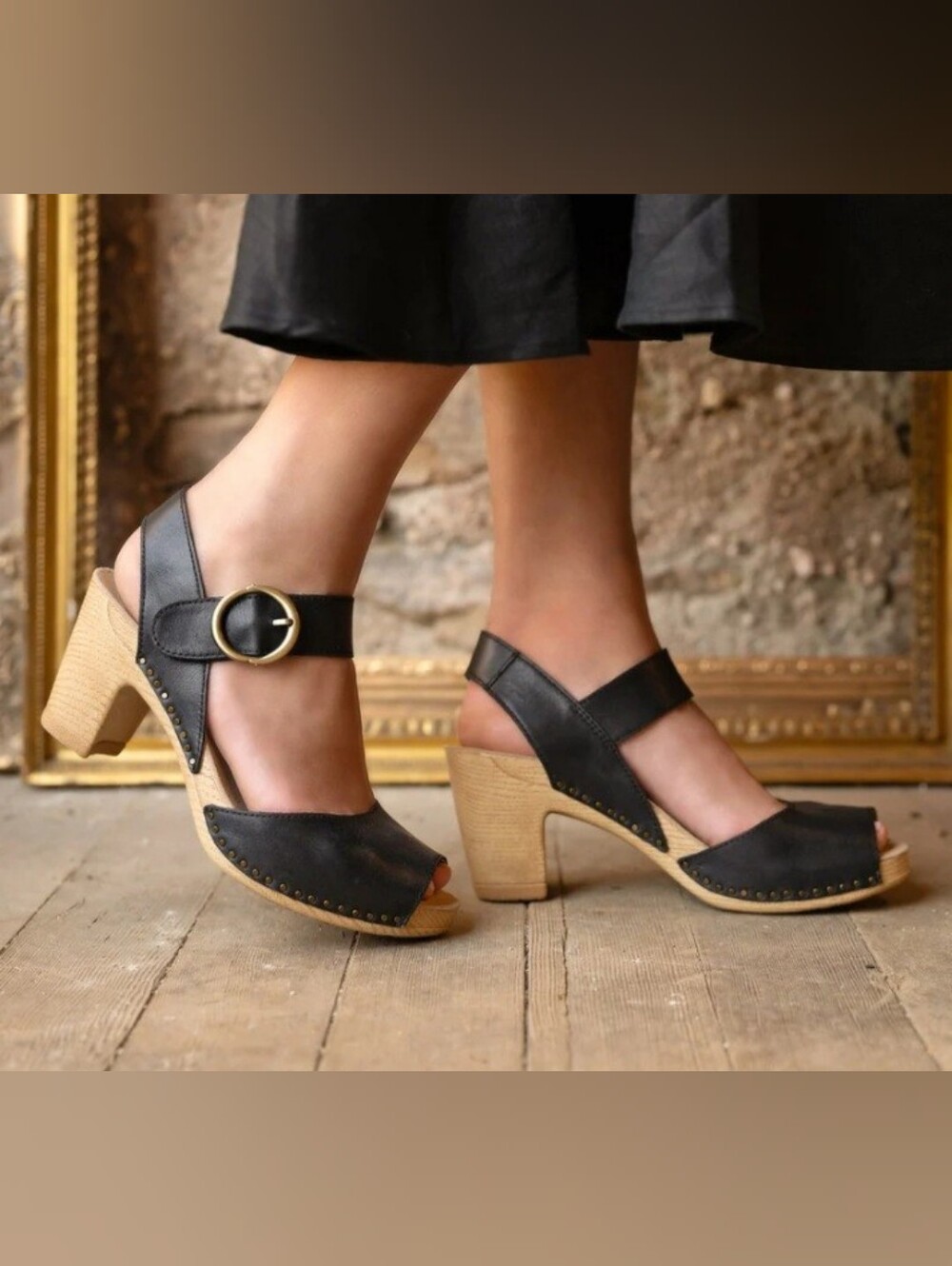 New Dansko Tamara Black Leather Sandals with Wood Block Heel